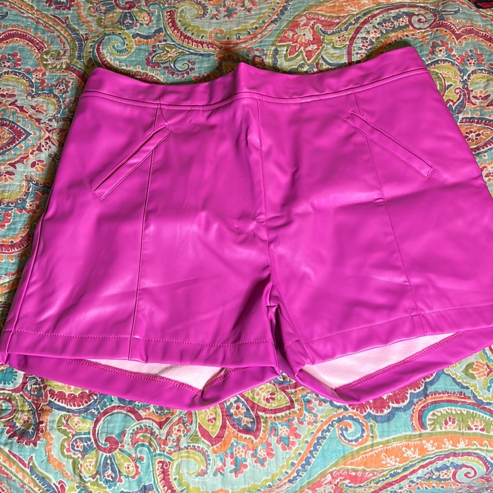 Bubblegum pink pleather shorts